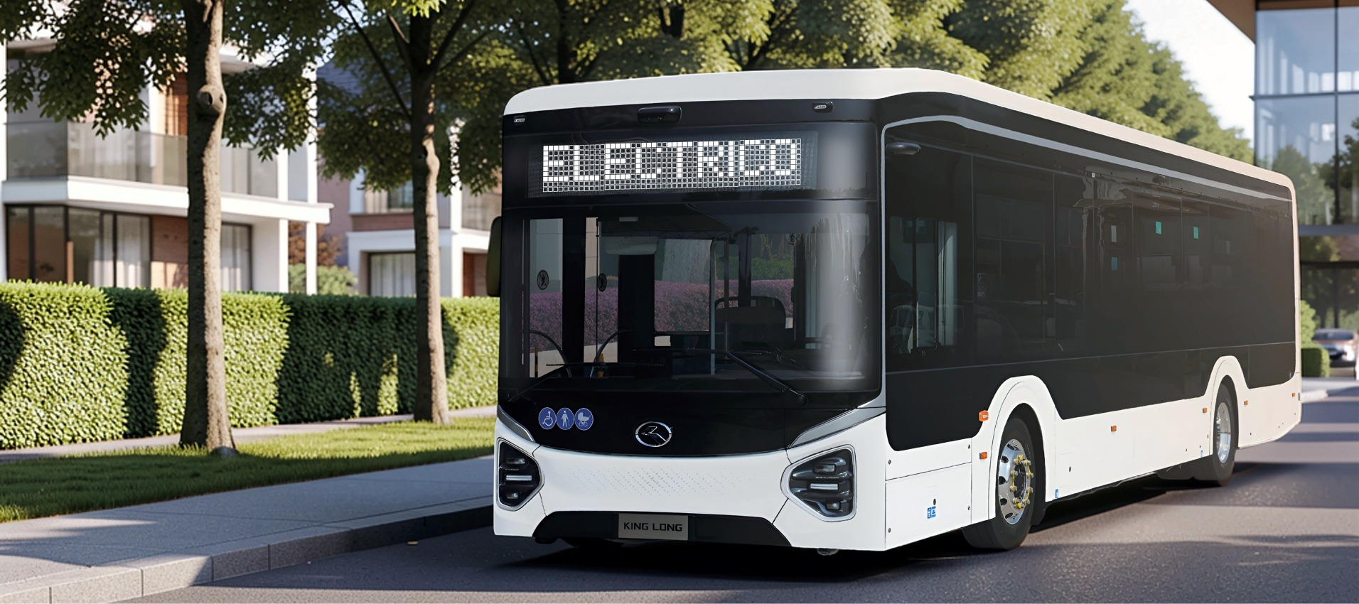 AUTOBUS ELECTRICO KING LONG MU12e pasando por un barrio residencial