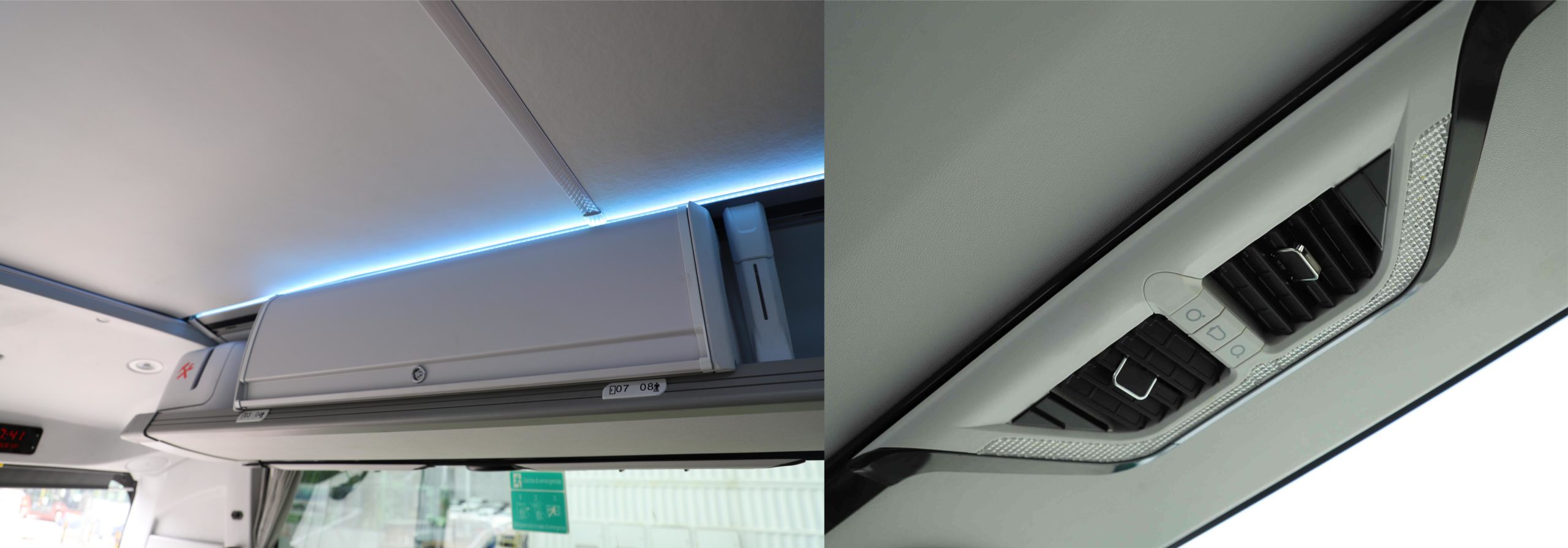 detalle de guantera en la galería del aire acondicionado y rejillas individuales del pasajero en el nuevo King Long C13 HD